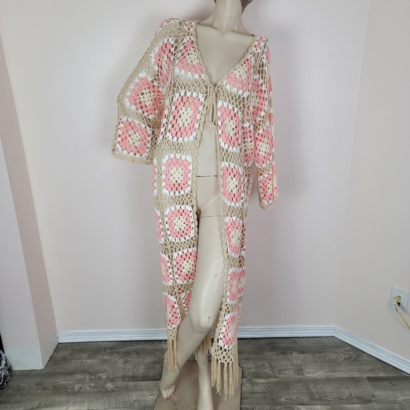 POL Kauai Crochet Long Tie Cardigan In Blush Beige Size Medium Granny Squares - Picture 4 of 14